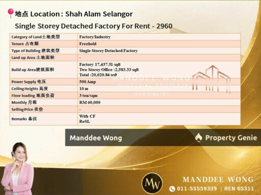 WTR/SINGLE STOREY DETACHED/20,020 SQFT/60K/SHAH ALAM