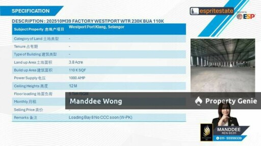 WTR/FACTORY/110K SQFT/230,100/WEST PORT/KLANG