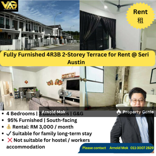 Fully Furnished 4R3B 2-Storey Terrace for Rent @ Seri Austin