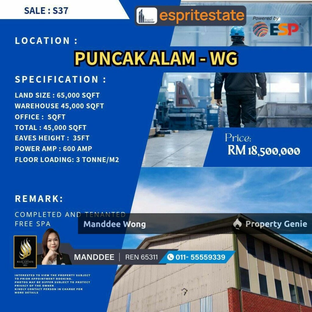 WTS/WAREHOUSE/FACTORY/45K SQFT/18.5 MIL/PUNCAK ALAM