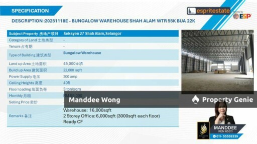 WTR/BUNGALOW WAREHOUSE/22K SQFT/55K/SEKSYEN 27/SHAH ALAM