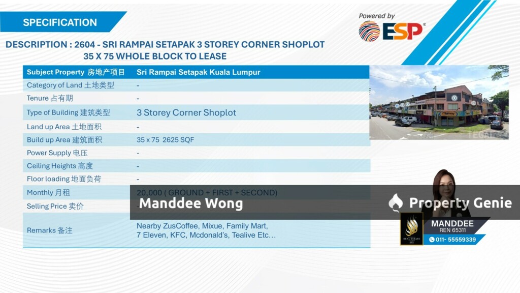 WTR/3 STOREY CORNER SHOP-LOT/2,625 SQFT/2OK/SRI RAMPAI/SETAPAK