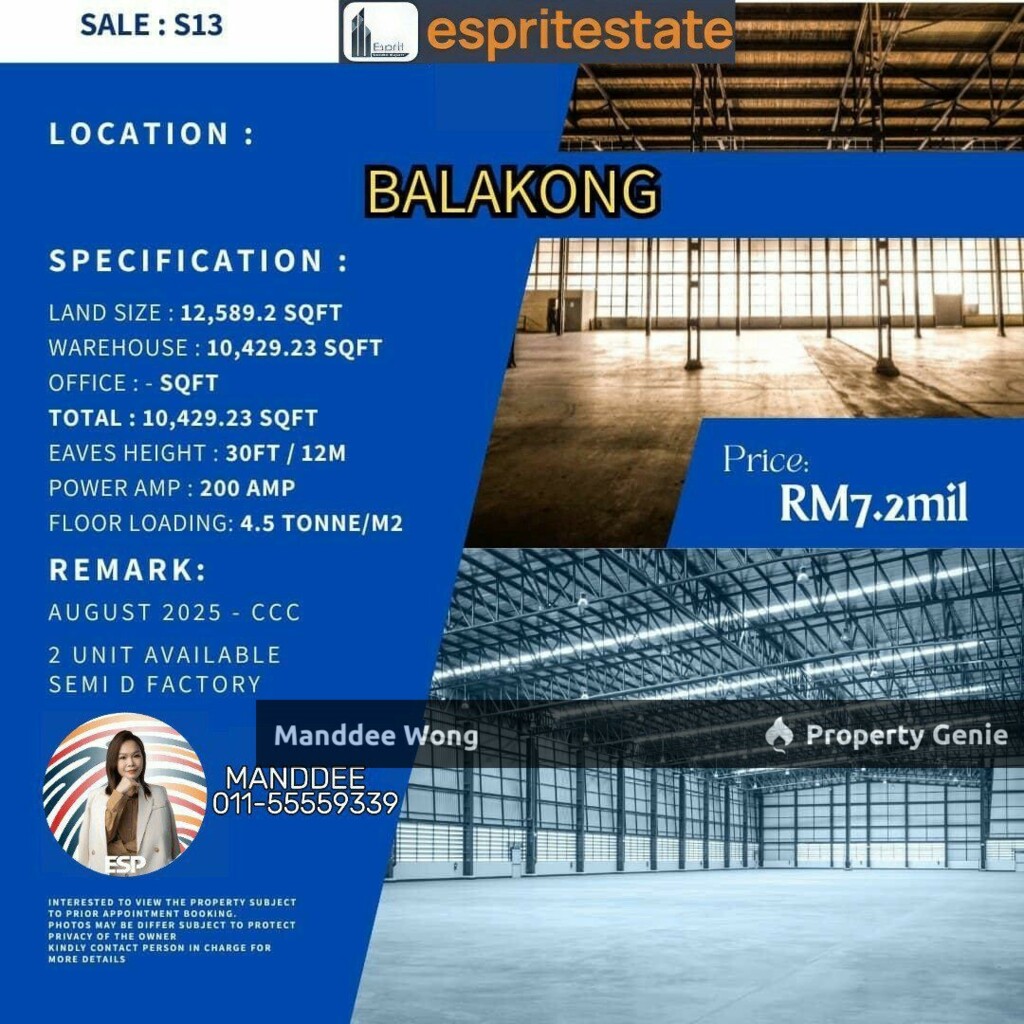 WTS/SEMI DETACHED FACTORY/10,429.23 SQFT/7.2 MIL/BALAKONG