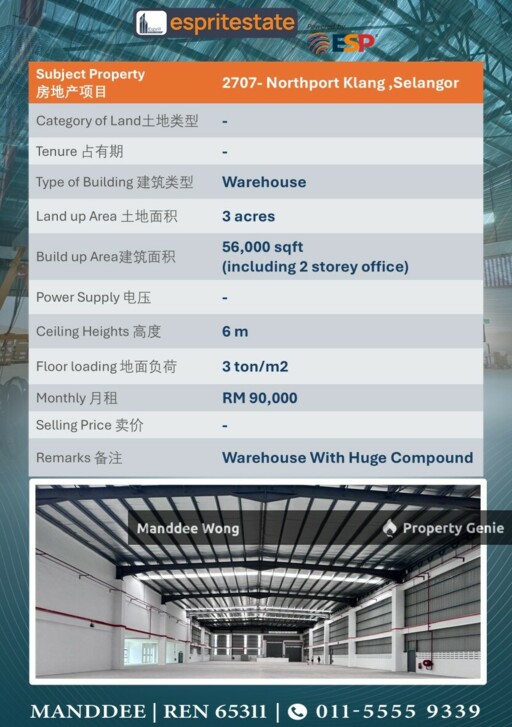 WTR/WAREHOUSE WITH LARGE COMPOUND/56K SQFT/90K/NORTH PORT/KLANG/SELANGOR