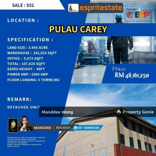 WTS/DETACHED WAREHOUSE/FACTORY/101,025 SQFT/48.2 MIL/PULAU CAREY