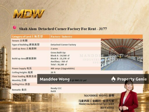 WTR/DETACHED CORNER FACTORY/36,188 SQFT/SHAH ALAM/SELANGOR