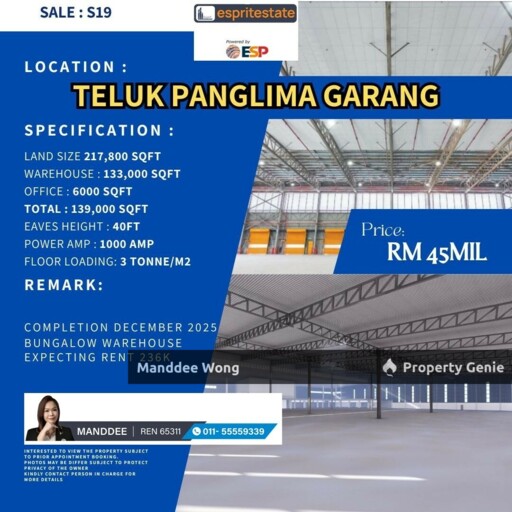 WTS/Bungalow Warehouse/Teluk Panglima Garang/139,000 Sqft/45 Million