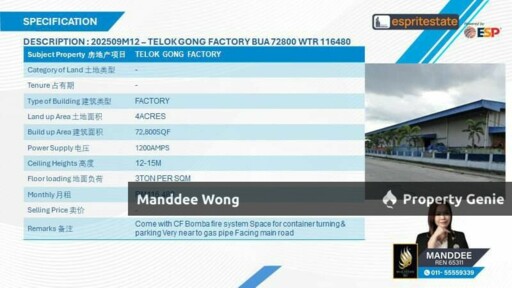 WTR/DETACHED FACTORY/72,800 SQFT/116,480/TELOK GONG/KLANG