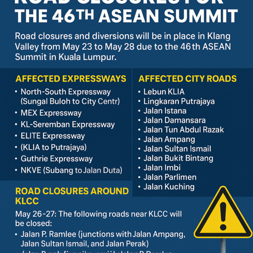 46th ASEAN Summit: Jadual Penutupan Jalan & Laluan Alternatif di Kuala Lumpur (23-28 Mei 2025)