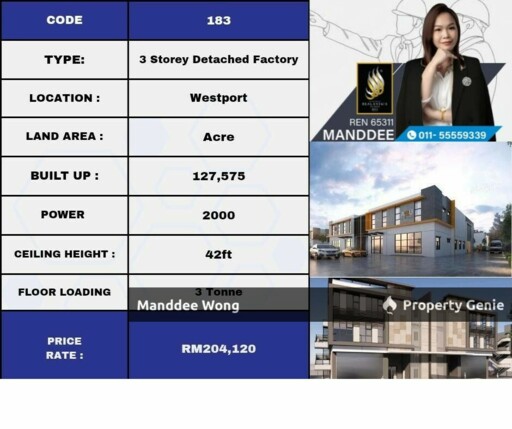 WTR/3 STOREY DETACHED FACTORY/127,575 SQFT/204,120/WEST PORT/PULAU INDAH