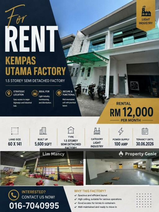 Kempas Utama Light Industrial Detached Factory For Rent