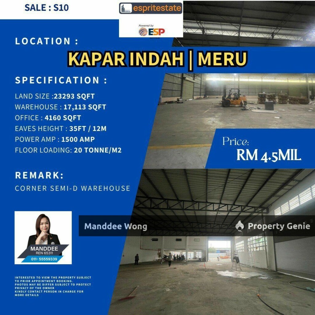 WTS/WAREHOUSE CORNER SEMI-D/17,113 SQFT/4.5 MIL/KAPAR INDAH/MERU