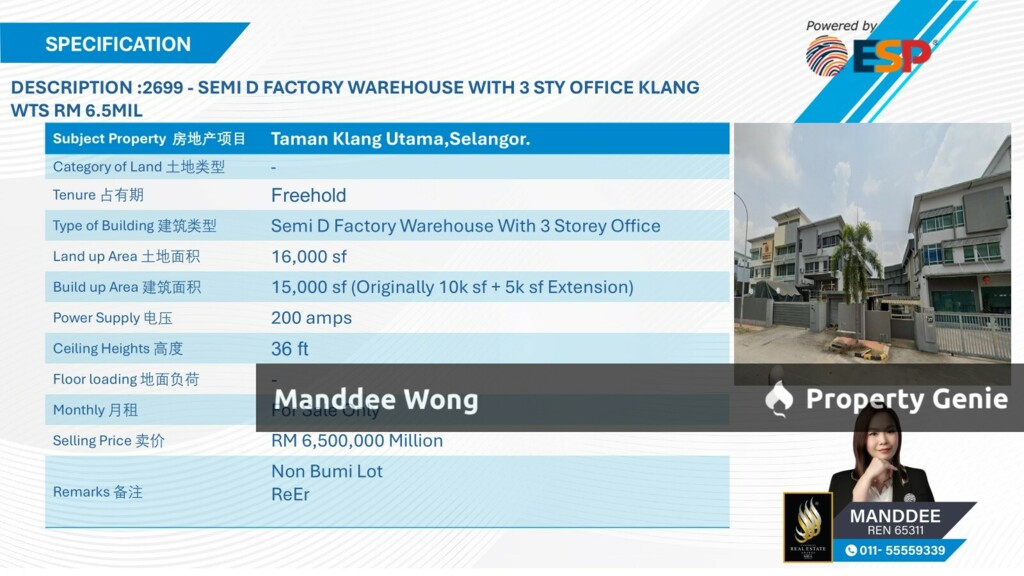WTS/SEMI-D FACTORY WITH 3 STOREY OFFICE/15K SQFT/6.5MIL/TAMAN KLANG UTAMA/SELANGOR