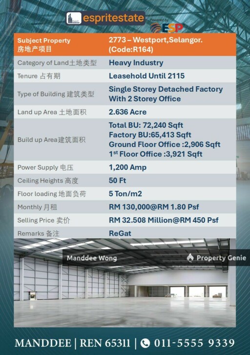 WTR/HEAVY INDUSTRY FACTORY/72,240 SQFT/130K/PULAU INDAH/SELANGOR