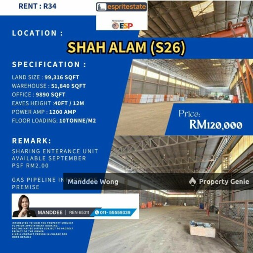 WTR/WAREHOUSE/51,840 SQFT/SEKSYEN 26/120K/SHAH ALAM