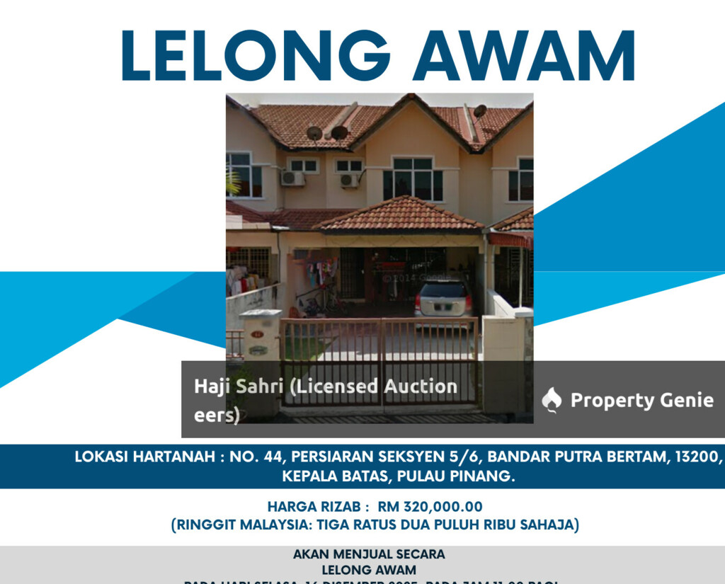 rumah teres satu tingkat yang beralamat pos di No. 44, Persiaran Seksyen 5/6, Bandar Putra Bertam, 13200, Kepala Batas, Pulau Pinang.