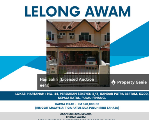 rumah teres satu tingkat yang beralamat pos di No. 44, Persiaran Seksyen 5/6, Bandar Putra Bertam, 13200, Kepala Batas, Pulau Pinang.