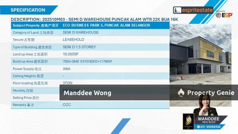 WTR/SEMI-D 1.5 STOREY/11,790 SQFT/22K/ECO BUSINESS PARK 5/PUNCAK ALAM