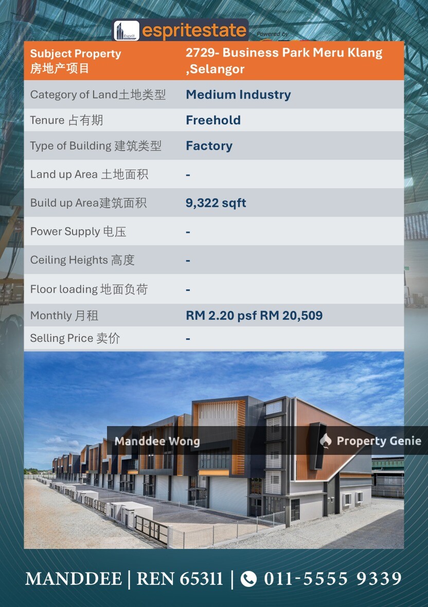 WTR/MEDIUM INDUSTRY/9,322 SQFT/20,509/BUSINESS PARK/MERU KLANG