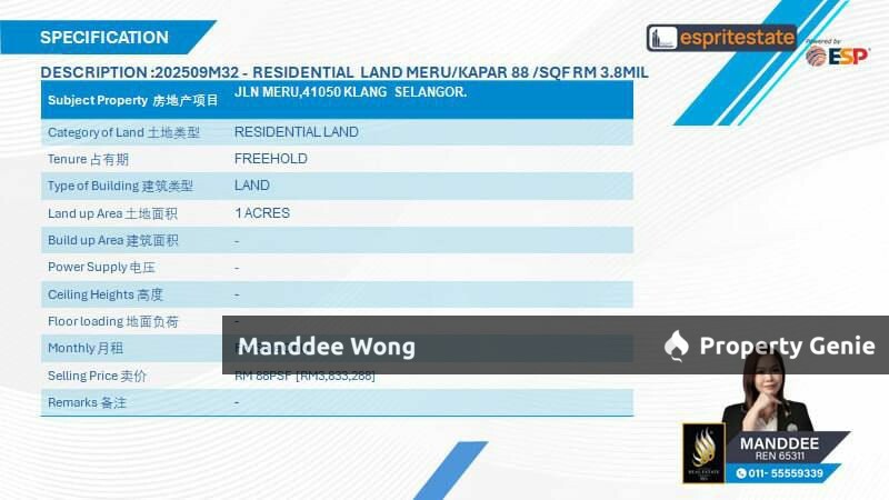WTS/RESIDENTIAL LAND/1 ACRES/3,833,288 MIL/MERU/KLANG
