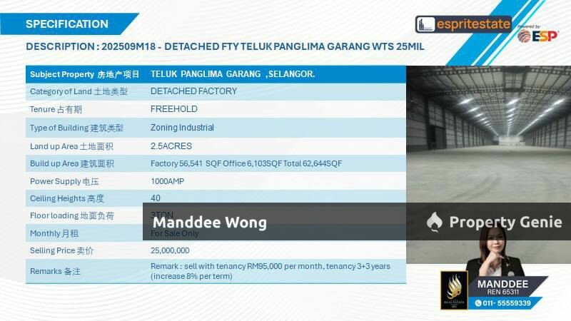 WTS/DETACHED FACTORY/62,644 SQFT/25 MIL/TELUK PANGLIMA GARANG
