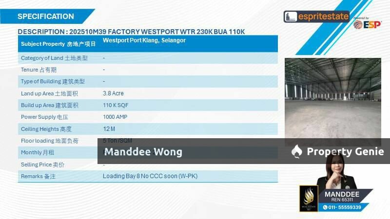 WTR/FACTORY/110K SQFT/230,100/WEST PORT/KLANG