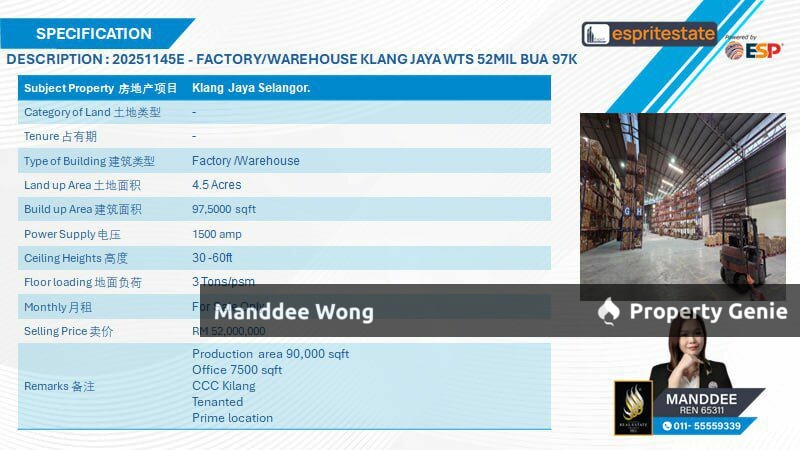 WTS/MEGA FACTORY/WAREHOUSE/97,500 SQFT/52MIL/KLANG JAYA/SELANGOR