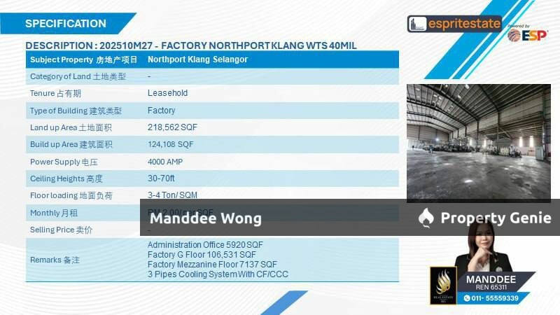 WTS/DETACHED FACTORY/WAREHOUSE/124,108 SQFT/40 MIL/NORTH PORT