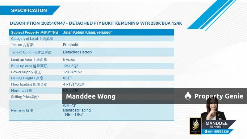 WTR/DETACHED FACTORY/124K SQFT/230K/BUKIT KEMUNING/SHAH ALAM