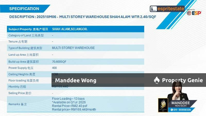 WTR/MULTI STOREY WAREHOUSE/70,600 SQFT/169,440/SHAH ALAM