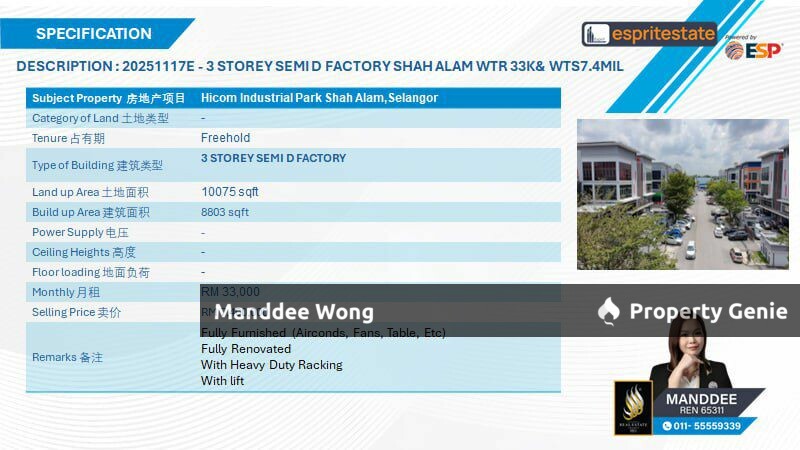 WTS/3 STOREY SEMI-D FACTORY/8,803 SQFT/7.4MIL/HICOM INDUSTRIAL PARK/SHAH ALAM