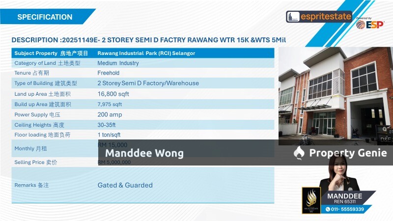 WTR/2 STOREY SEMI-D FACTORY/WAREHOUSE/7,975 SQFT/15K/RAWANG INDUSTRIAL PARK