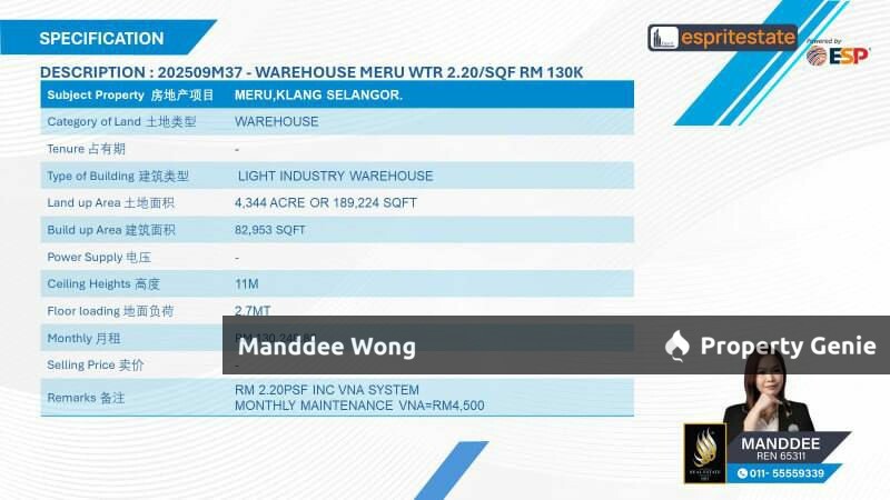 WTR/WAREHOUSE/82,953 SQFT/130,248/MERU/KLANG