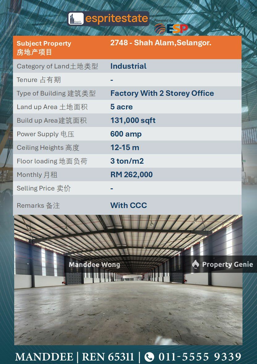 WTR/FACTORY WITH 2 STOREY OFFICE/131K SQFT/262K/SHAH ALAM