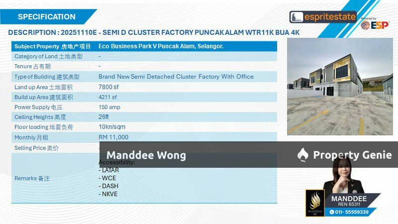 WTR/SEMI-D CLUSTER FACTORY/4,211 SQFT/11K/ECO BUSINESS PARK V/PUNCAK ALAM