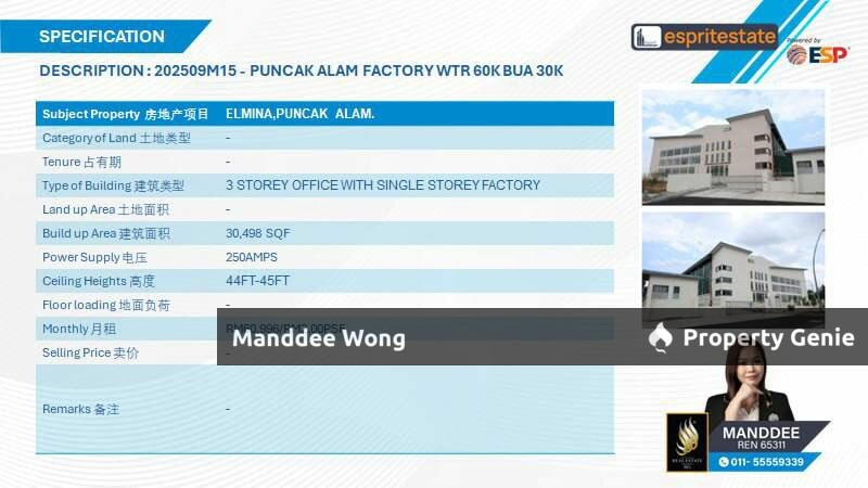 WTR/FACTORY/3 STOREY & SINGLE OFFICE/30,489 SQFT/60,996/ELMINA/PUNCAK ALAM