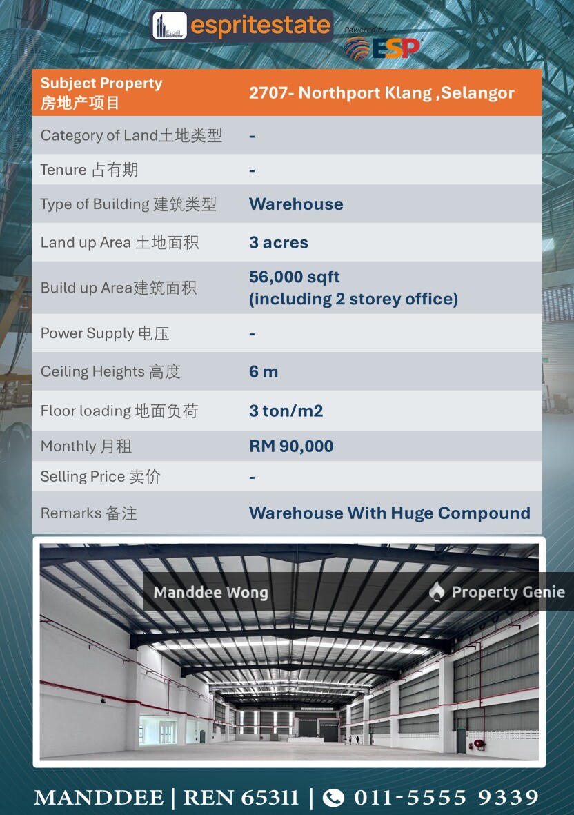 WTR/WAREHOUSE WITH LARGE COMPOUND/56K SQFT/90K/NORTH PORT/KLANG/SELANGOR