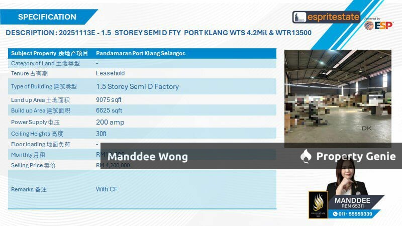 WTR/1.5 STOREY SEMI-D FACTORY/6,625 SQFT/13,500/PANDAMARAN/PORT KLANG