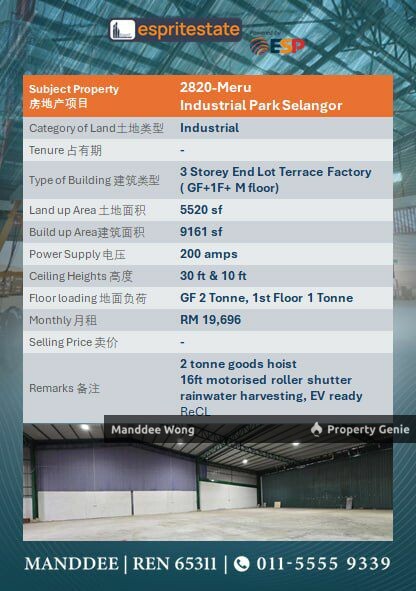 WTR/3 STOREY END LOT TERRACE FACTORY/9,161 SQFT/19,696/MERU INDUSTRIAL PARK