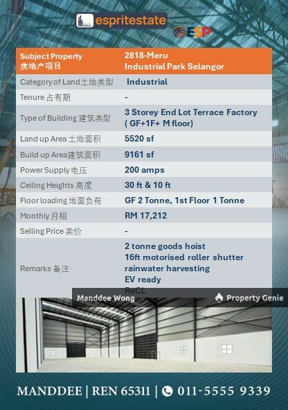 WTR/3 STOREY END LOT TERRACE FACTORY/9,161 SQFT/17,212/MERU INDUSTRIALPARK/SELANGOR