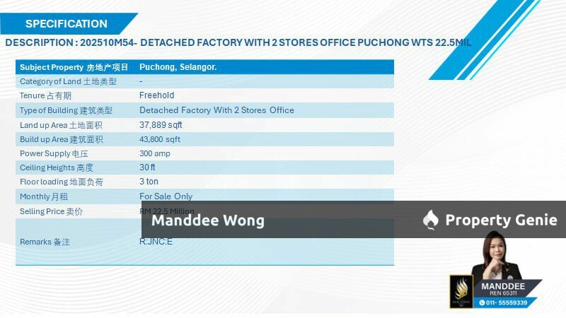 WTS/DETACHED FACTORY/2 STOREY OFFICE/43,800 SQFT/22.5 MIL/PUCHONG