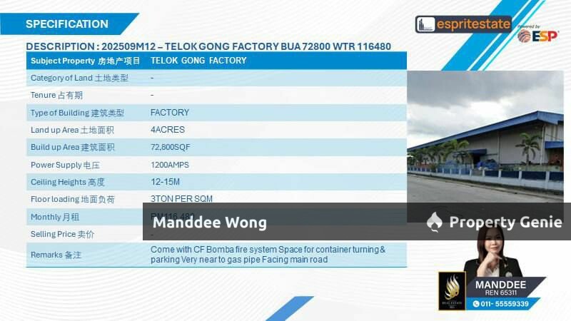 WTR/DETACHED FACTORY/72,800 SQFT/116,480/TELOK GONG/KLANG