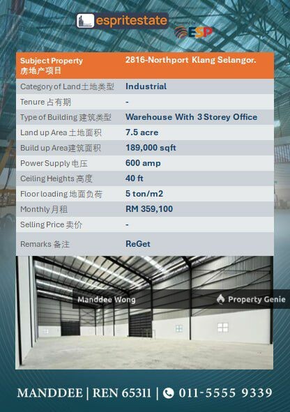 WTR/WAREHOUSE WITH 3 STOREY OFFICE/189K SQFT/359,100/NORTH PORT/KLANG
