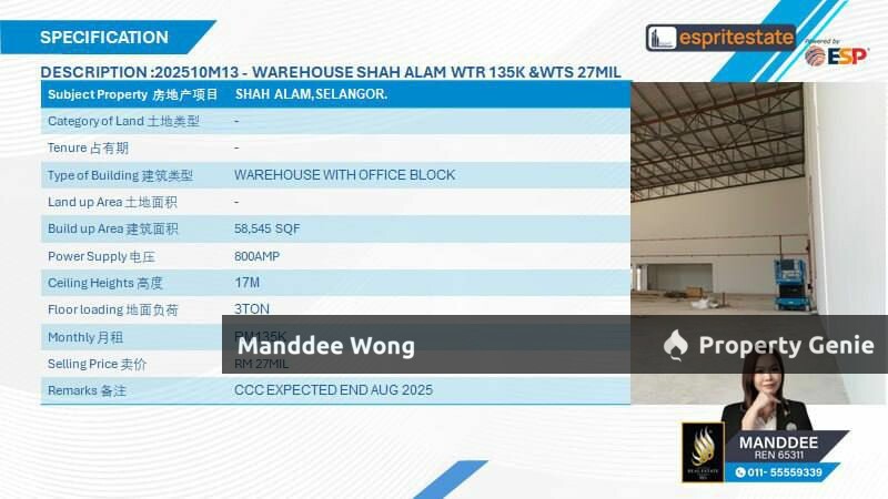 WTS/WAREHOUSE WITH OFFICE BLOCK/58,545 SQFT/27MIL/SHAH ALAM