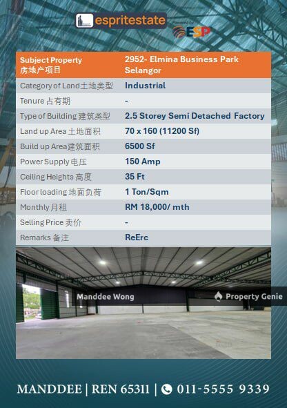 WTR/2.5 SEMI DETACHED FACTORY/6,500 SQFT/18K/ELMINA BUSINESS PARK/SELANGOR