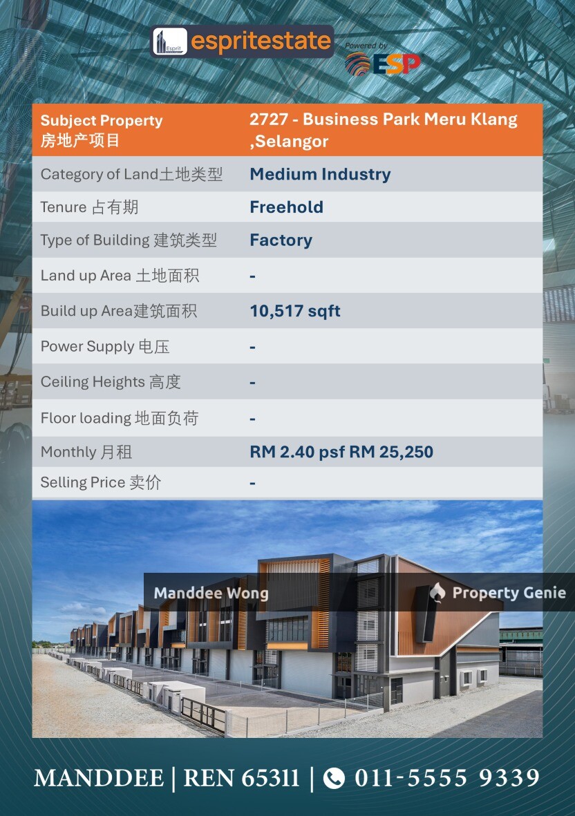 WTR/MEDIUM INDUSTRY/10,517 SQFT/25,250/BUSINESS PARK/MERU KLANG