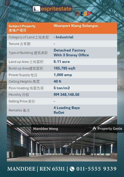 WTR/DETACHED FACTORY WITH 3 STOREY OFFICE/165,758 SQFT/348,148/WESTPORT/KLANG