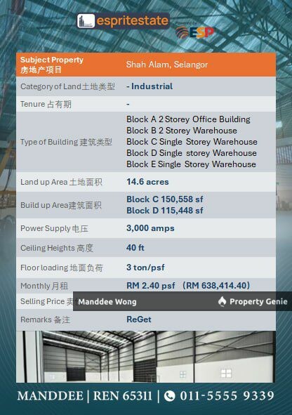 WTR/MULTI BLOCKS WAREHOUSE WITH OFFICE/150,558 SQFT/638,414/SHAH ALAM