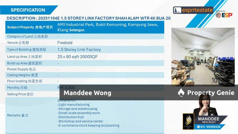 WTR/1.5 STOREY LINK FACTORY/2K SQFT/4K/BUKIT KEMUNING/SHAH ALAM