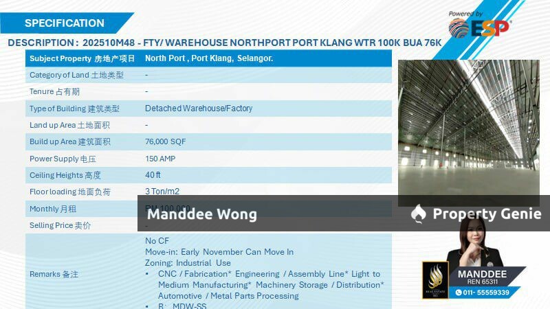 WTR/DETACHED WAREHOUSE/FACTORY/76K SQFT/100K/NORTH PORT/KLANG